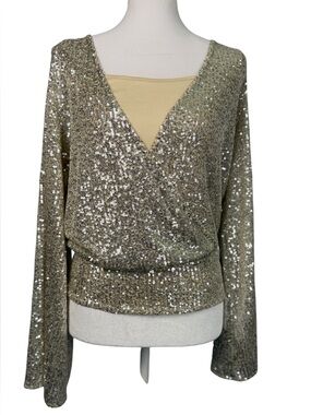 VENUS Gold Sequin Wrap-Front Bell Sleeve Blouse Size S Festive wear